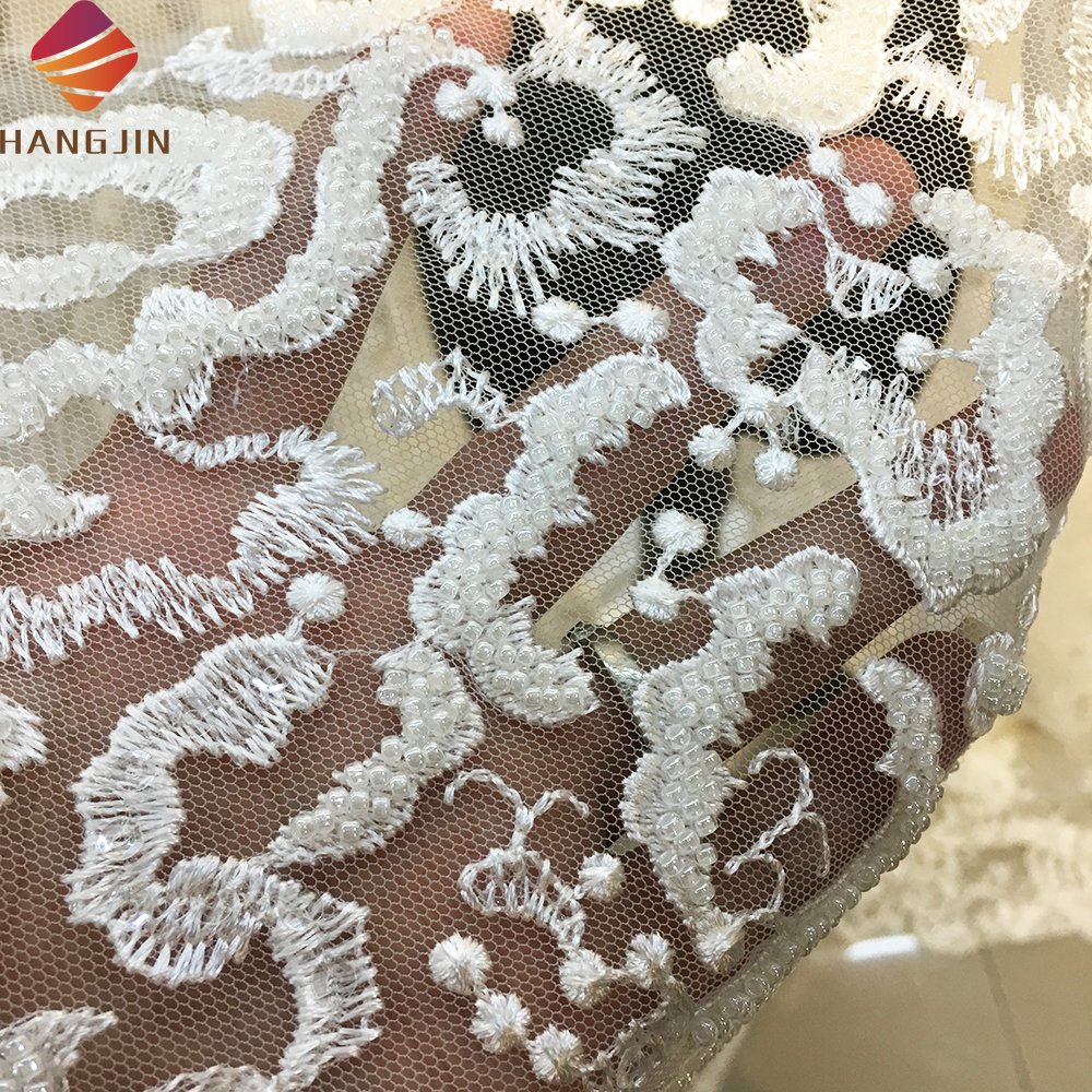 Luxury Hand Made Beaded French Tulle Lace 3D Flower White Wedding Lace Fabric With Embroidered Pearls
