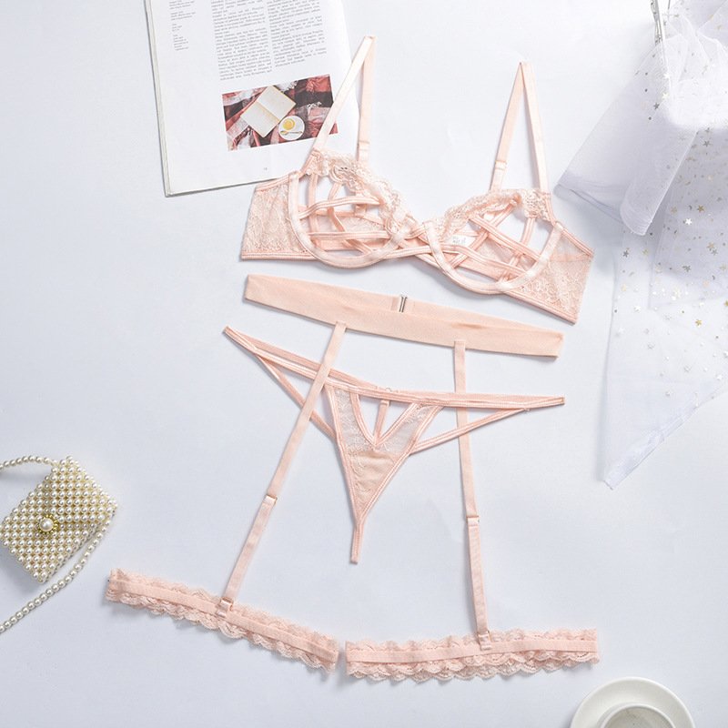 Lace stitching cross band women bra G String hot hollow out sexy 3 piece female pink girl lingerie set with garter belt