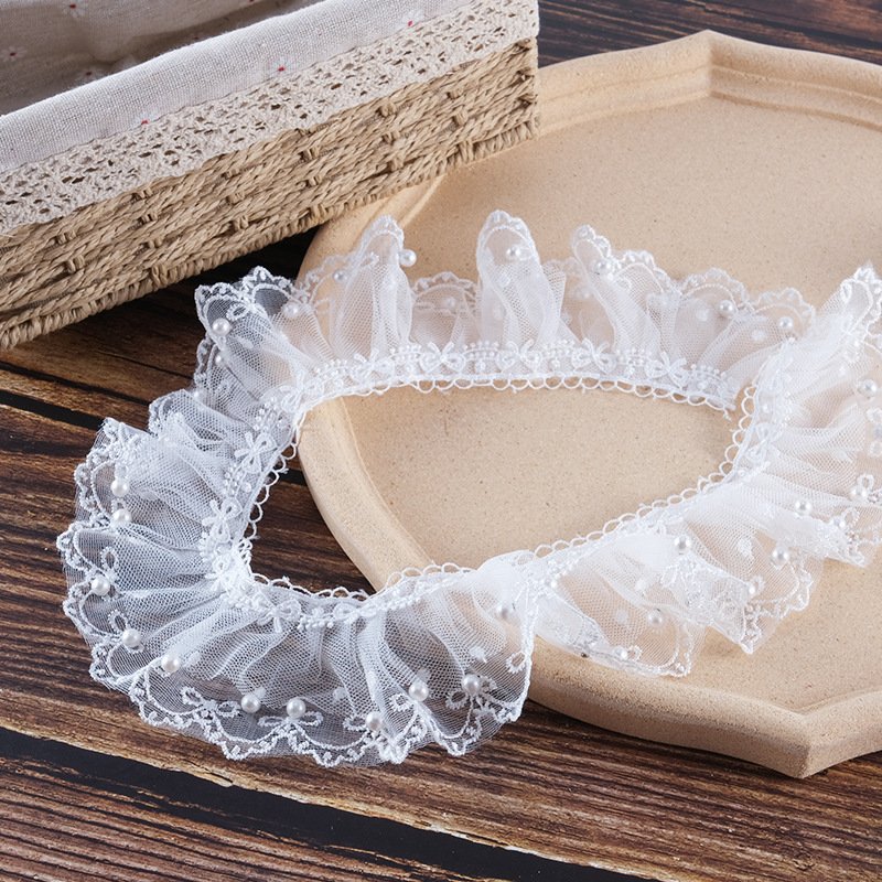 Neckline Dress Applique Decorated Diy 6cm Milk Silk Tulle Fabric Fancy Embroidery Lace Pearl Ruffle Lace Trim