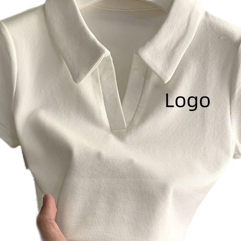 2023 Women's Ribbed Lapel T-Shirt Custom Puff Screen Print Summer Crop Top Polo Shirt