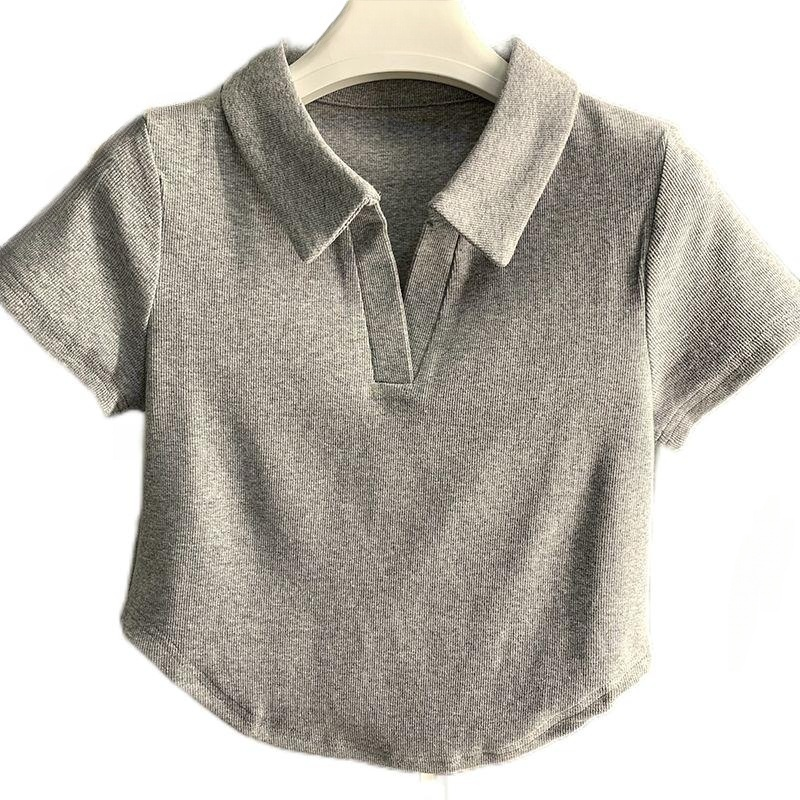 2023 Women's Ribbed Lapel T-Shirt Custom Puff Screen Print Summer Crop Top Polo Shirt