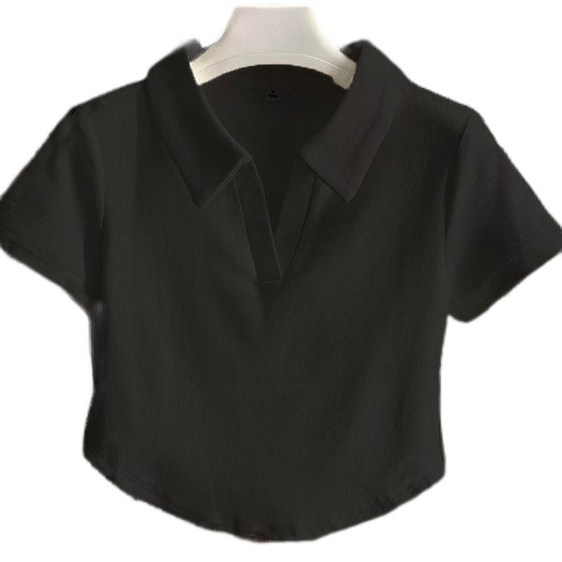 2023 Women's Ribbed Lapel T-Shirt Custom Puff Screen Print Summer Crop Top Polo Shirt