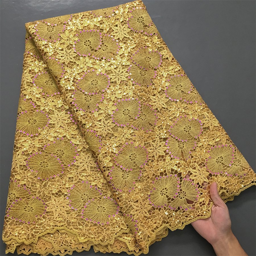 Wholesale Gold African Cord Sequined Lace Fabric High Quality Water Soluble Lace for Women Party Dresses Sewing 4020