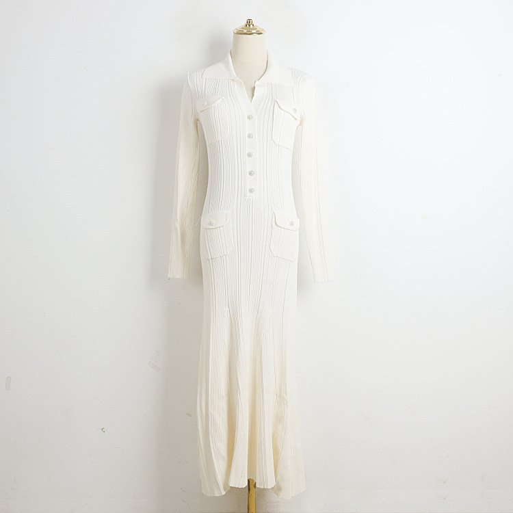 Lapel Single-breasted French Elegant Ribbed Long-sleeved Knitted Long Dress For Women