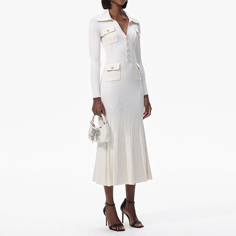 Lapel Single-breasted French Elegant Ribbed Long-sleeved Knitted Long Dress For Women