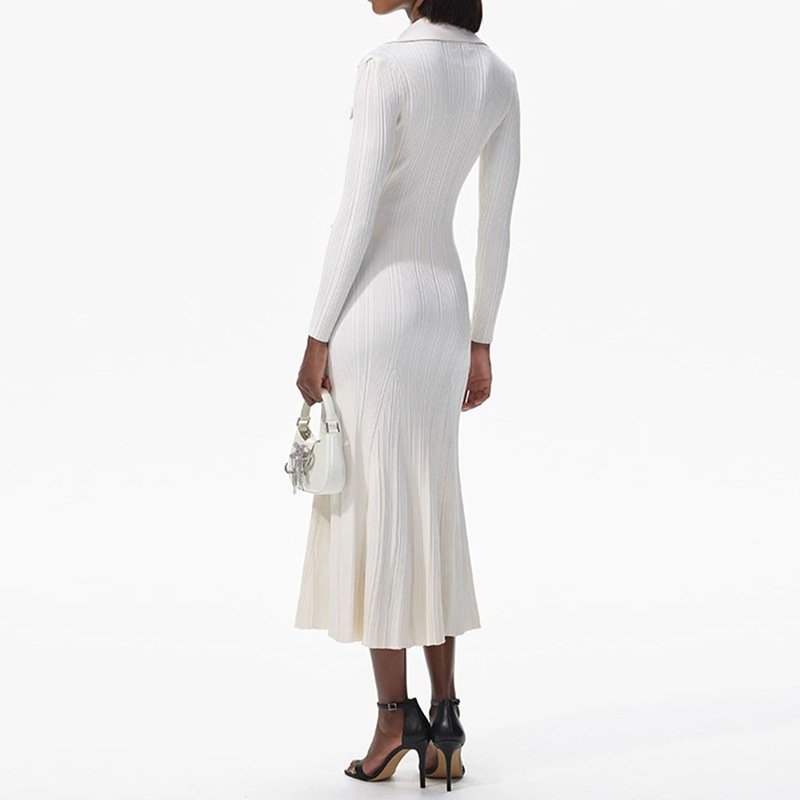 Lapel Single-breasted French Elegant Ribbed Long-sleeved Knitted Long Dress For Women