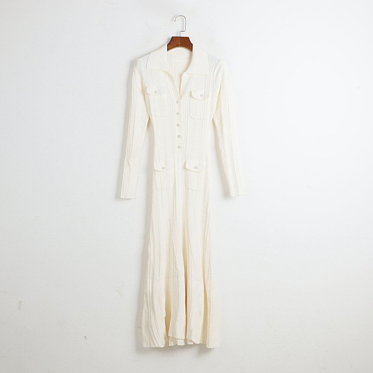 Lapel Single-breasted French Elegant Ribbed Long-sleeved Knitted Long Dress For Women