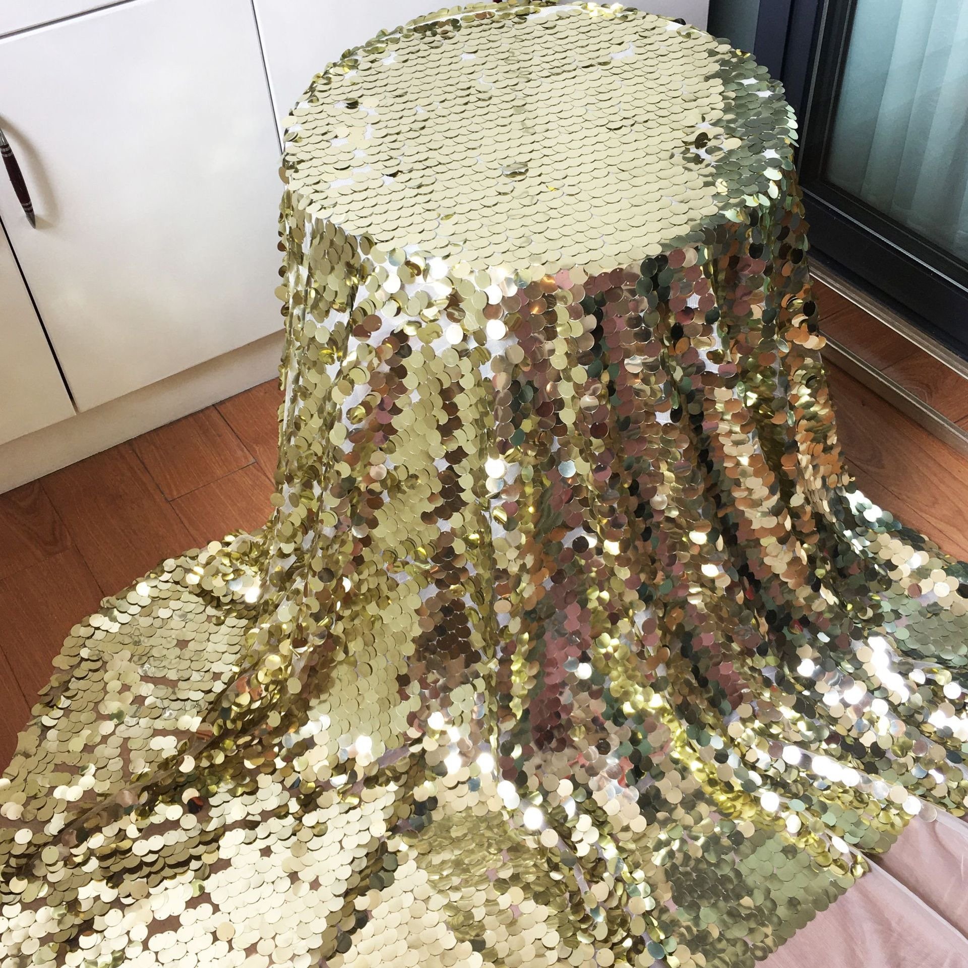 Hot selling 18 mm large sequin embroidery fabric laser color glitter bigger size sequin fabric for party dress