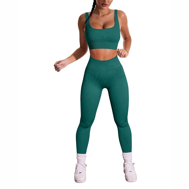 Custom Seamless Sports Bra Yoga Leggings 2 Piece Set Knitted Rib Fitness Yoga Wear