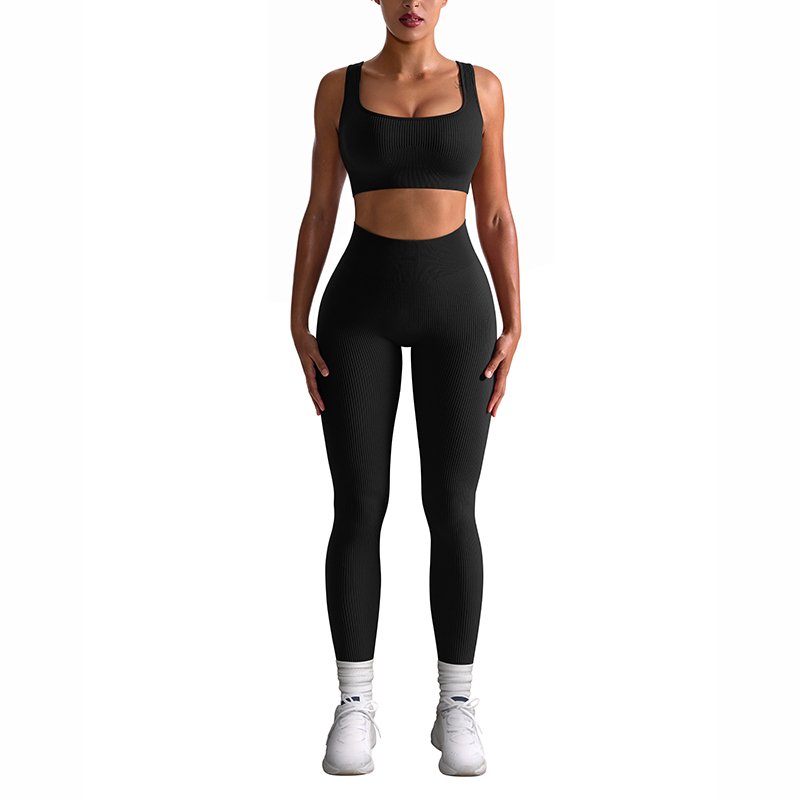 Custom Seamless Sports Bra Yoga Leggings 2 Piece Set Knitted Rib Fitness Yoga Wear