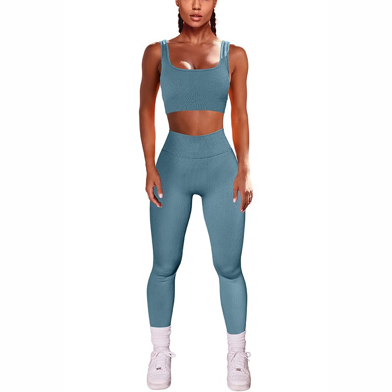 Custom Seamless Sports Bra Yoga Leggings 2 Piece Set Knitted Rib Fitness Yoga Wear