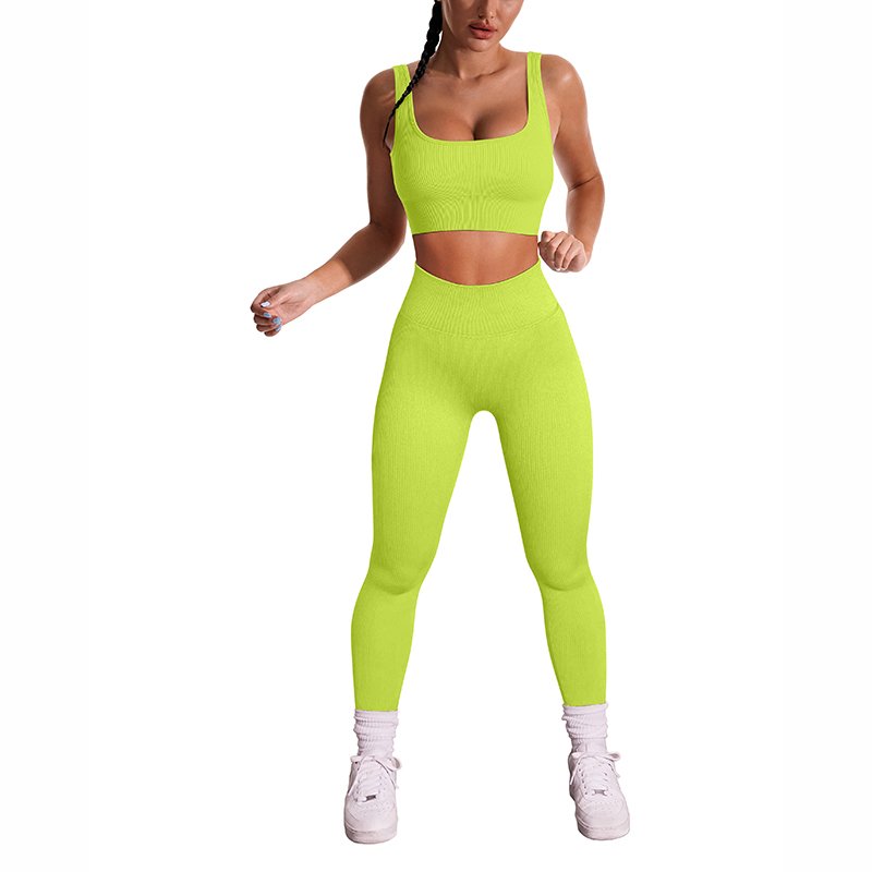 Custom Seamless Sports Bra Yoga Leggings 2 Piece Set Knitted Rib Fitness Yoga Wear