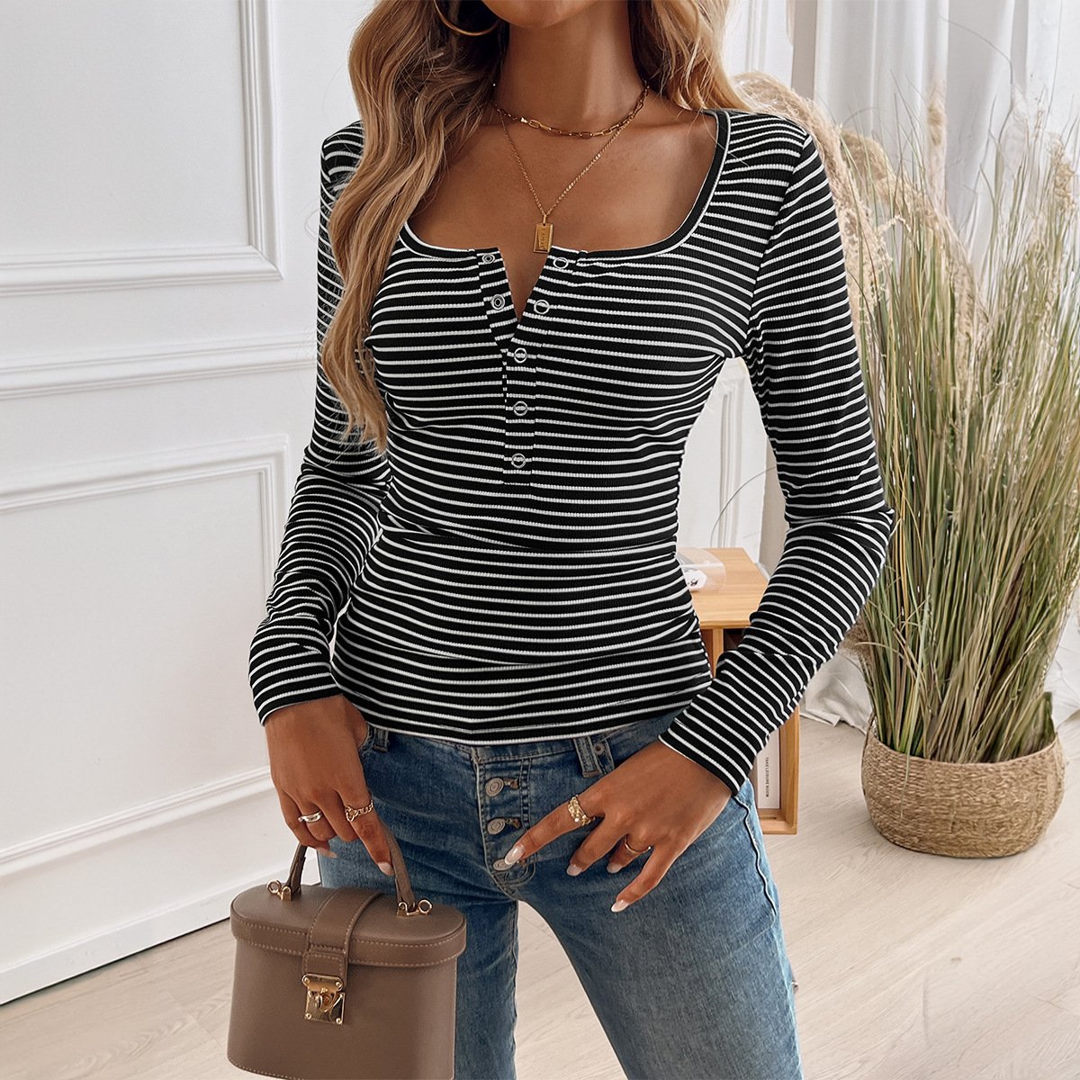 Women's Long Sleeve Square Neck Striped T Shirts 2024 Casual Ribbed Knit Slim Fit Basic Henley Tee Tops