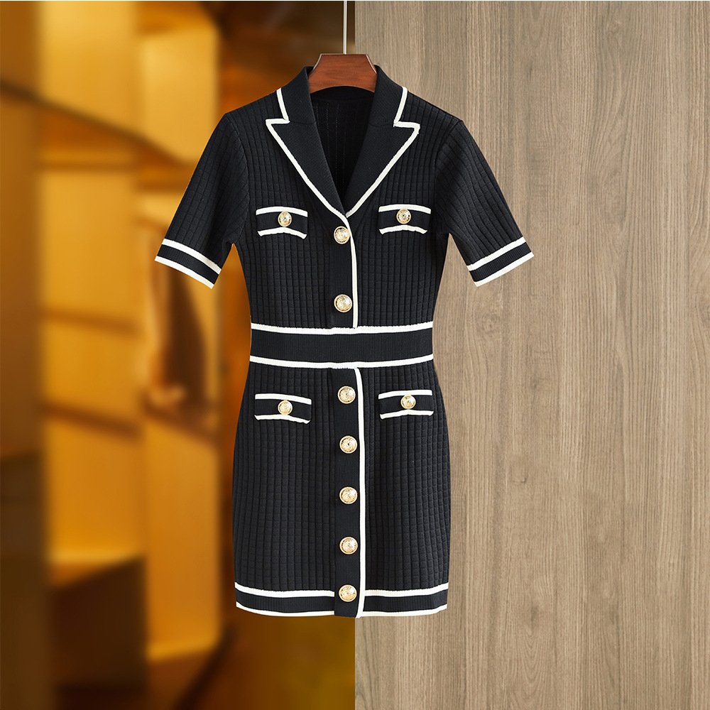Spring 2023 new arrivals knitted dress women ribbed casual short sleeve sweater dress office lady wear