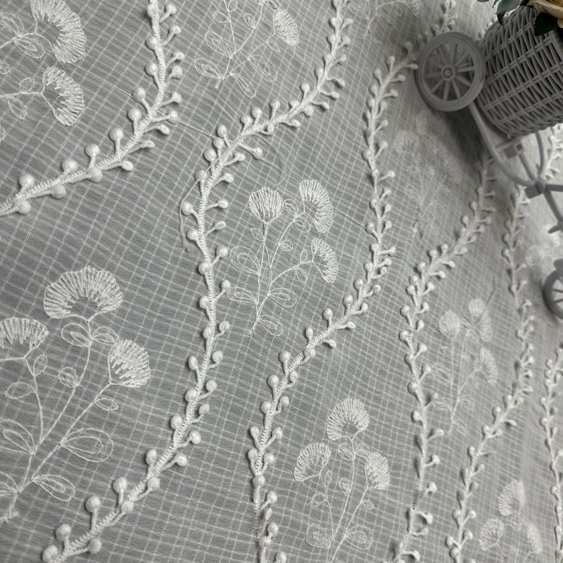 Customised White Lace Soft Chiffon Fabric Polyester Embroidery Fabric Flower Voile Laces for Casual Dress Lace