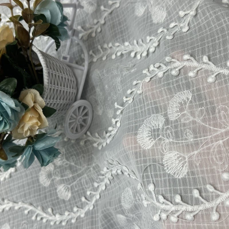 Customised White Lace Soft Chiffon Fabric Polyester Embroidery Fabric Flower Voile Laces for Casual Dress Lace