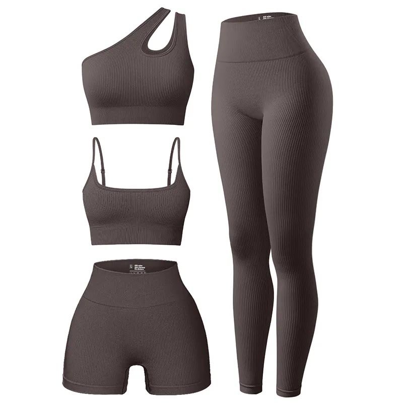 Women's 4 Piece Knitted Rib Fabric Adjustable Sports Bra One Shoulder Sports Bra High Waist Shorts Leggings Workout Set
