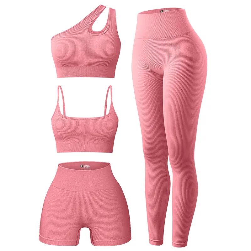 Women's 4 Piece Knitted Rib Fabric Adjustable Sports Bra One Shoulder Sports Bra High Waist Shorts Leggings Workout Set