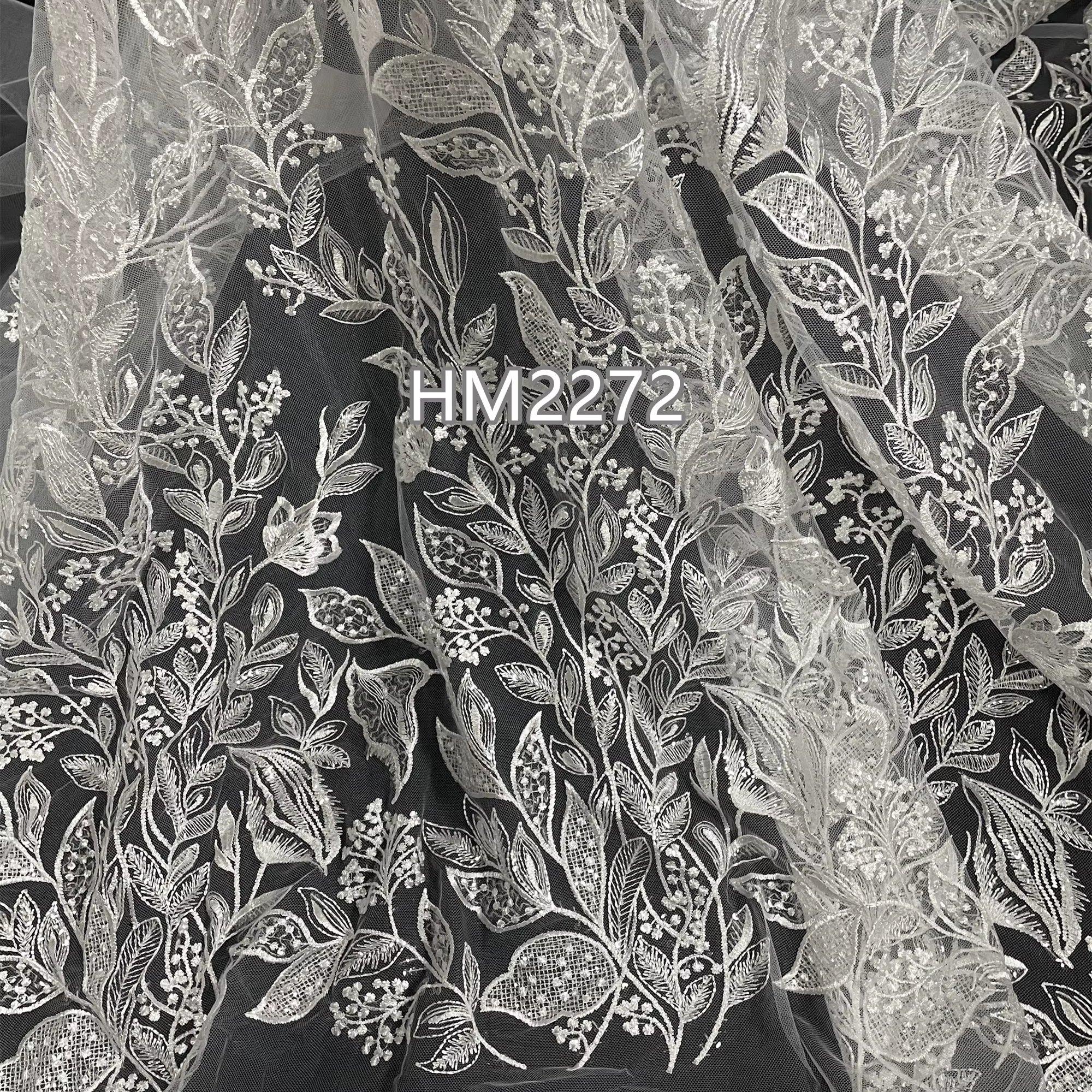 Hot Sales Leaf Design White Lace Bridal Fabric With Sequin Embroidery Lace Fabric White Tulle Lace with Mesh Embroidery Fabric
