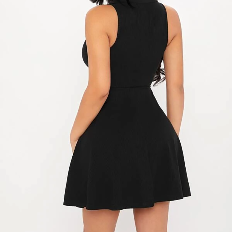 Summer Ladies Black V-neck Sleeveless Elegant Solid Ribbed Knit Dress