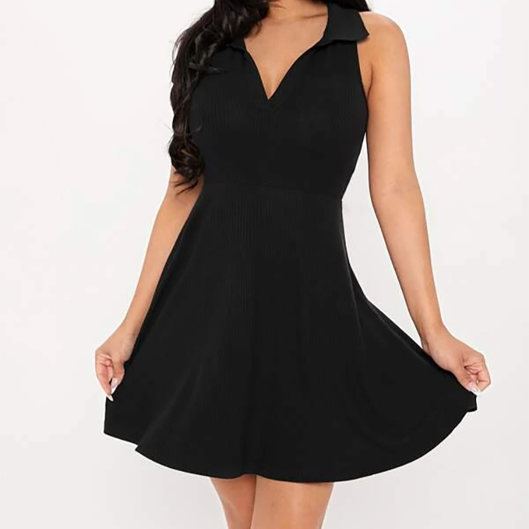 Summer Ladies Black V-neck Sleeveless Elegant Solid Ribbed Knit Dress