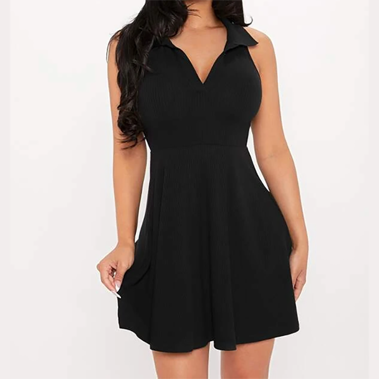 Summer Ladies Black V-neck Sleeveless Elegant Solid Ribbed Knit Dress