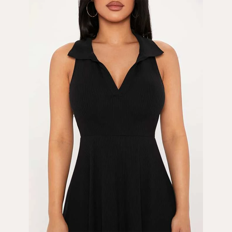 Summer Ladies Black V-neck Sleeveless Elegant Solid Ribbed Knit Dress