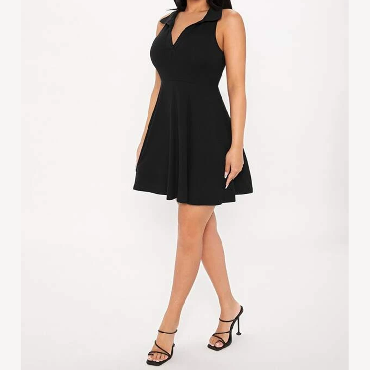 Summer Ladies Black V-neck Sleeveless Elegant Solid Ribbed Knit Dress