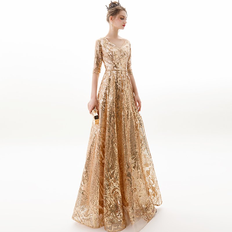 The New Style V Neck GoldenNoble Lace Sequins Dresses Sexy Tube Noble Golden Lace Sequins Evening Dresses