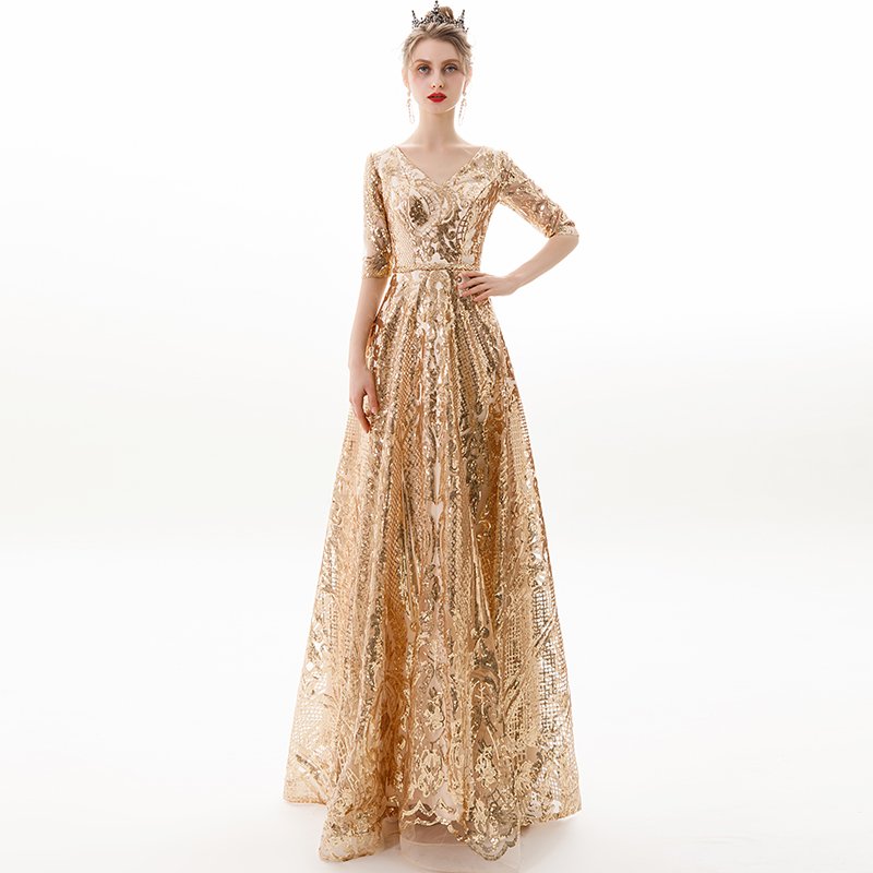 The New Style V Neck GoldenNoble Lace Sequins Dresses Sexy Tube Noble Golden Lace Sequins Evening Dresses