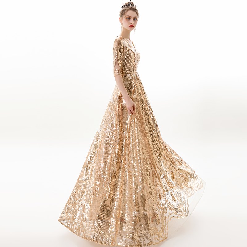The New Style V Neck GoldenNoble Lace Sequins Dresses Sexy Tube Noble Golden Lace Sequins Evening Dresses