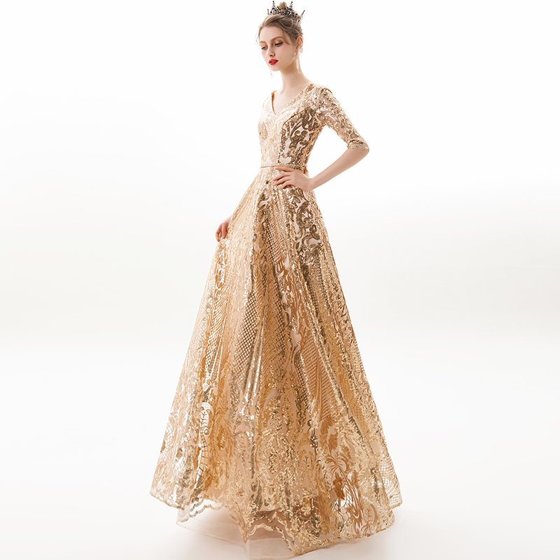 The New Style V Neck GoldenNoble Lace Sequins Dresses Sexy Tube Noble Golden Lace Sequins Evening Dresses