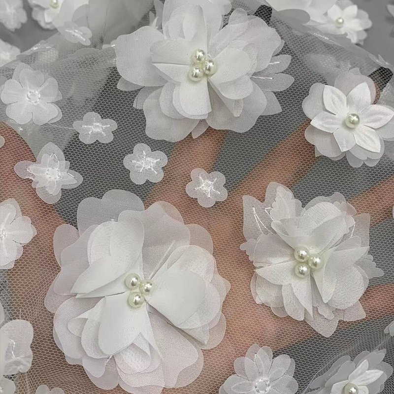 2024 New Design France Lace Fabric Bead Sequin 3D Flower Embroidery Fabric Party Dress Lace