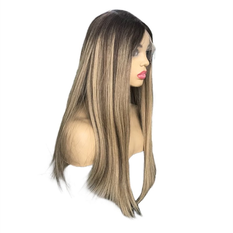 Balayage Color 7/14# Small Layer HD Swiss Lace Straight Virgin Hair Half Hand Made Lace Front Jewish Wig Human Hair Wig