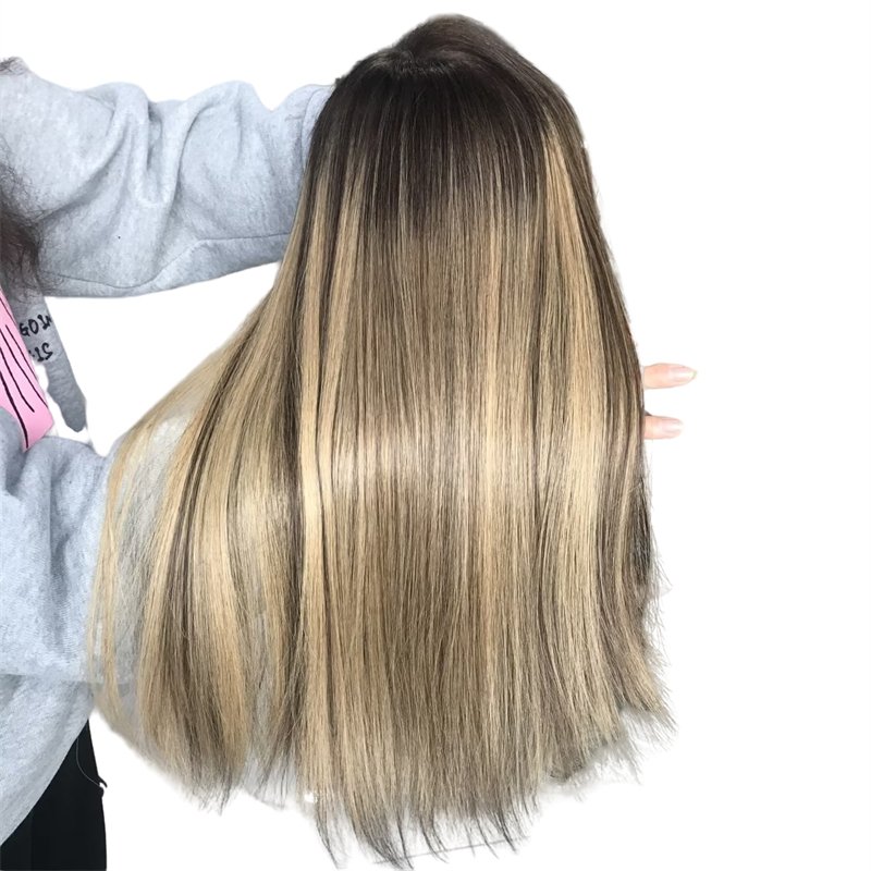 Balayage Color 7/14# Small Layer HD Swiss Lace Straight Virgin Hair Half Hand Made Lace Front Jewish Wig Human Hair Wig