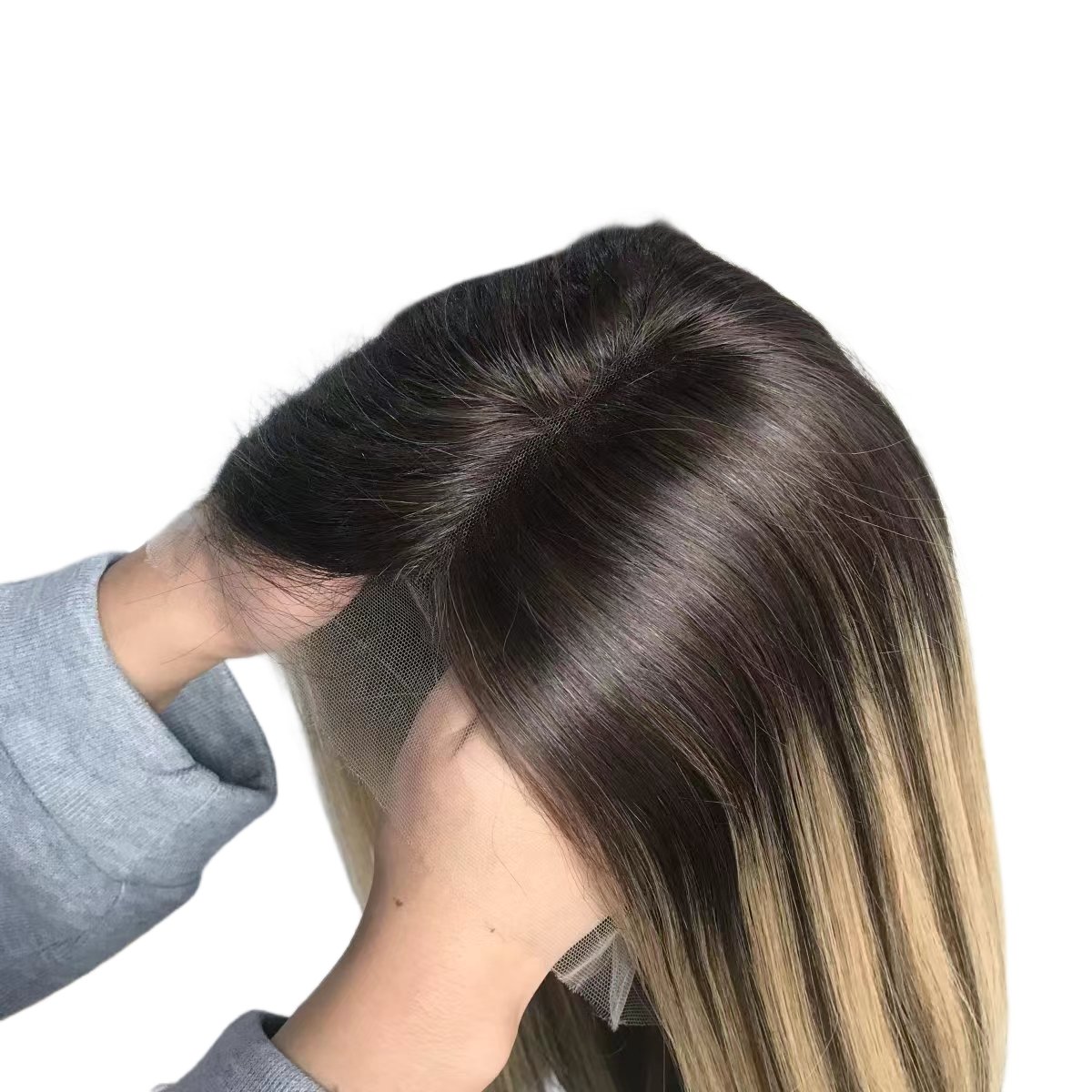 Balayage Color 7/14# Small Layer HD Swiss Lace Straight Virgin Hair Half Hand Made Lace Front Jewish Wig Human Hair Wig