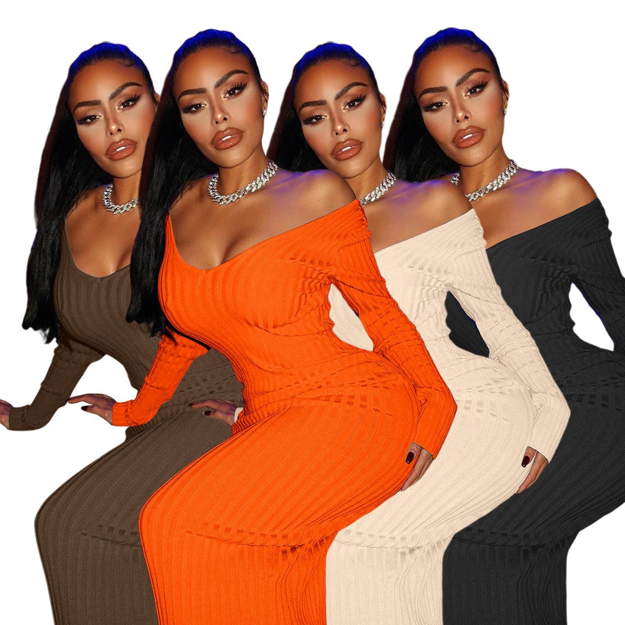 2024 Women Long Dress Women Sexy Dresses Party Club V-Neck Off-Shoulder Slim Fit Long Sleeve Fall Midi Dress