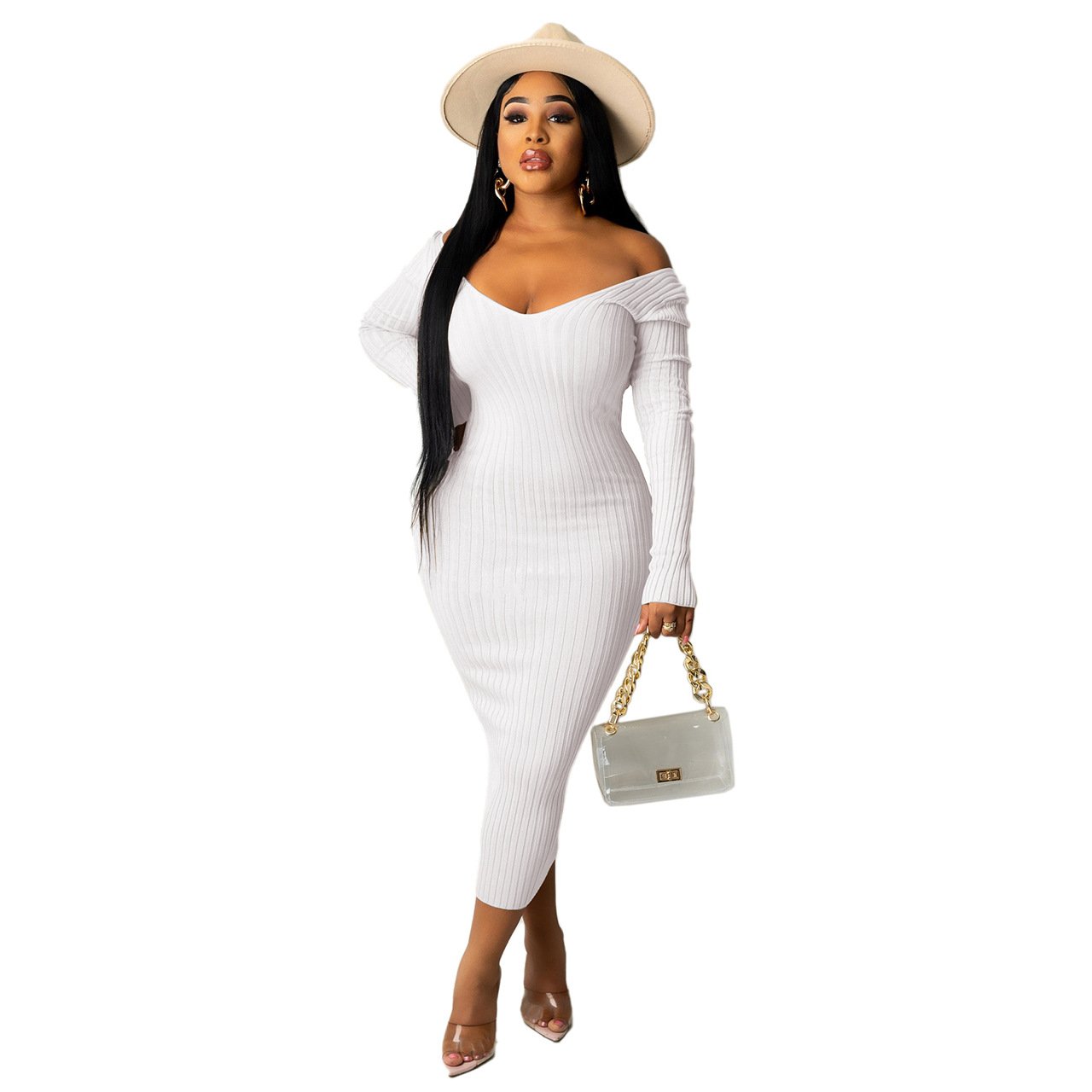 2024 Women Long Dress Women Sexy Dresses Party Club V-Neck Off-Shoulder Slim Fit Long Sleeve Fall Midi Dress