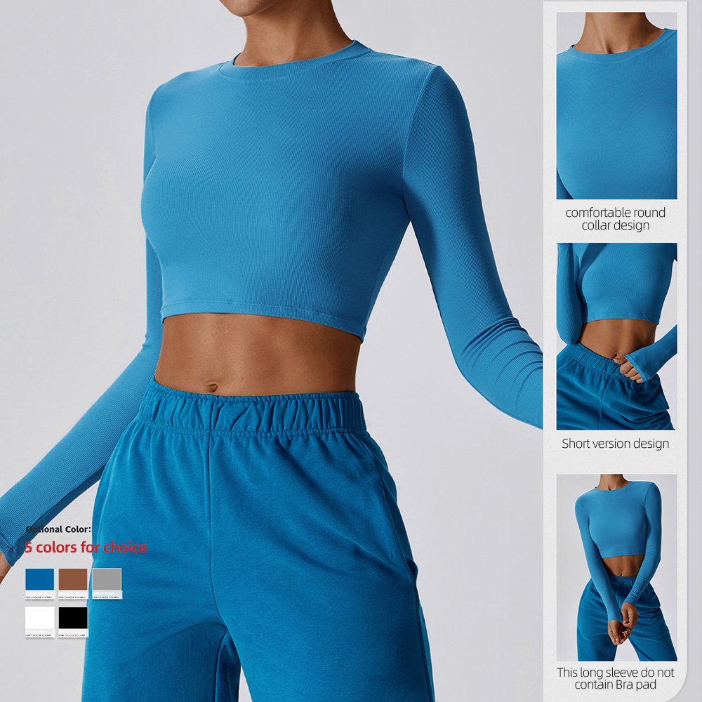 Rib Design T-shirt Long Sleeve Yoga Wear Top Gym Fitness Quick Dry Slim Leisure Running Sports Custom Logo for Women Workout
