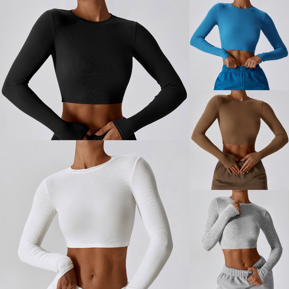 Rib Design T-shirt Long Sleeve Yoga Wear Top Gym Fitness Quick Dry Slim Leisure Running Sports Custom Logo for Women Workout