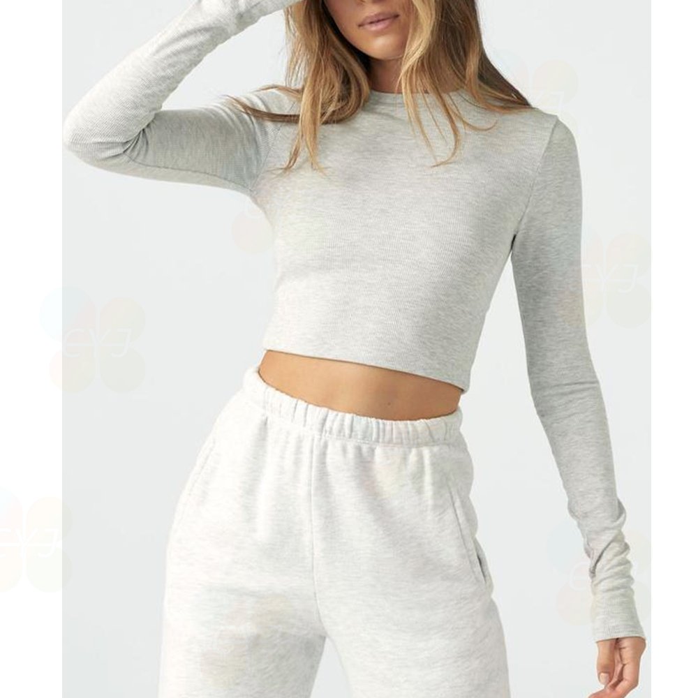 Custom knitwear Basic Women Ribbed T-shirts Cropped 100% Cotton Women Tshirts Crop Top Long Sleeve T Shirt