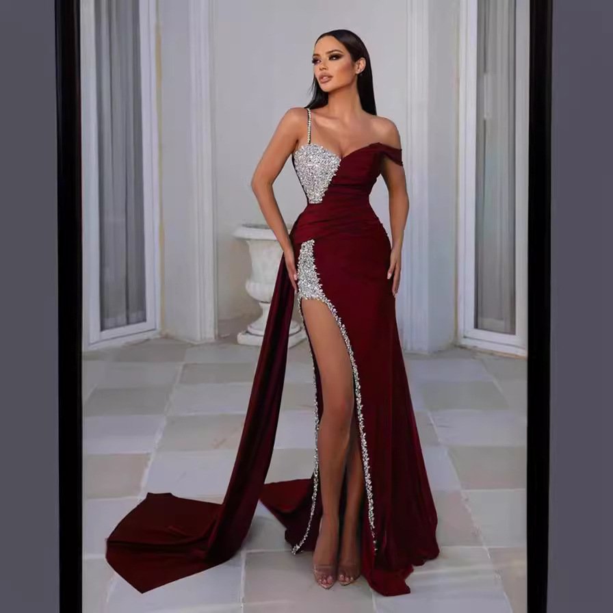 Elegant Lace Sequin Party Dresses Women Off Shoulder Sleeveless Thigh Split Bodycon Prom Dress Long Evening Gown