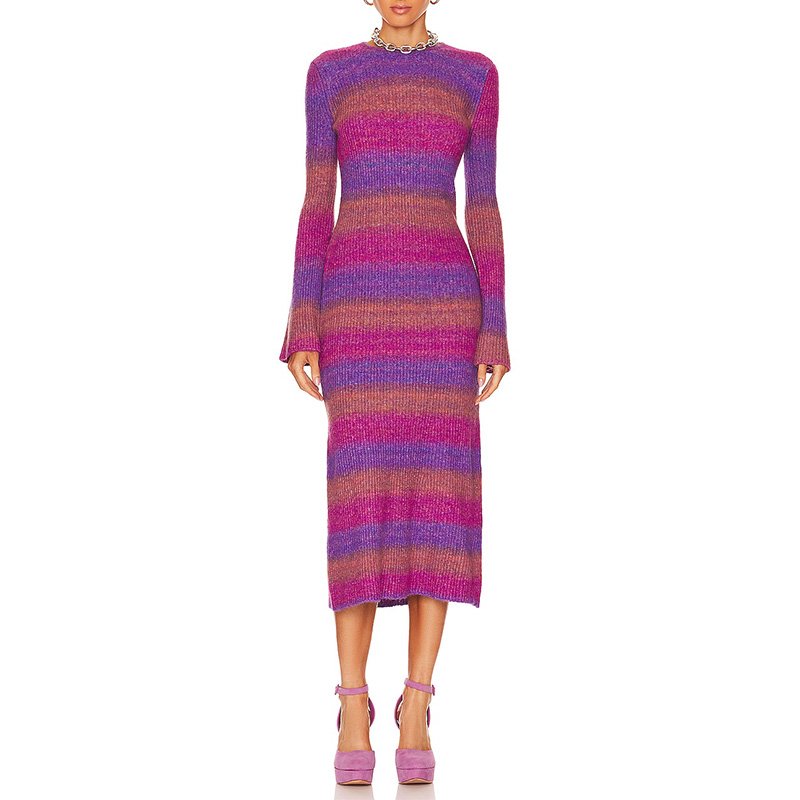 High Quality Ribbed Striped Crew Neck Longer Knit Sweater Women Clothing Sweater Dress