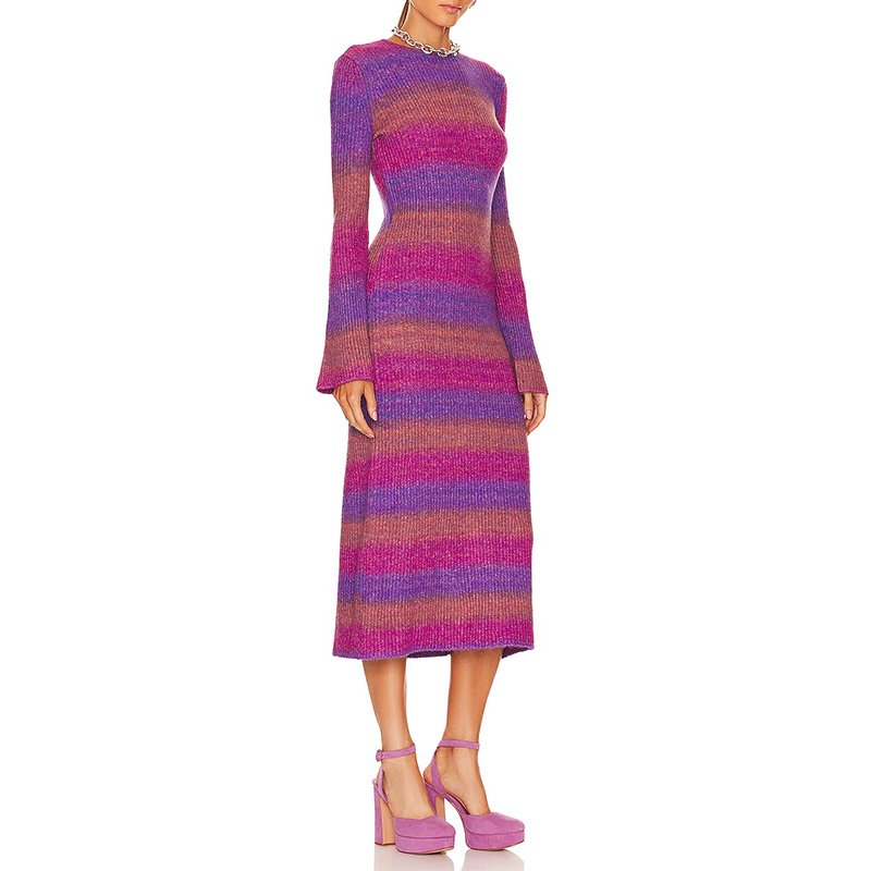 High Quality Ribbed Striped Crew Neck Longer Knit Sweater Women Clothing Sweater Dress