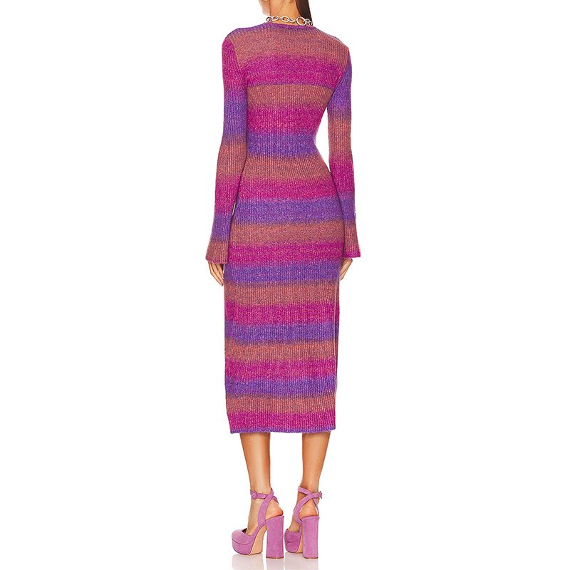 High Quality Ribbed Striped Crew Neck Longer Knit Sweater Women Clothing Sweater Dress
