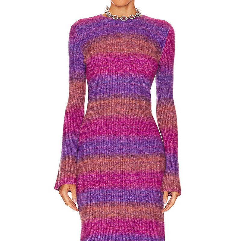 High Quality Ribbed Striped Crew Neck Longer Knit Sweater Women Clothing Sweater Dress
