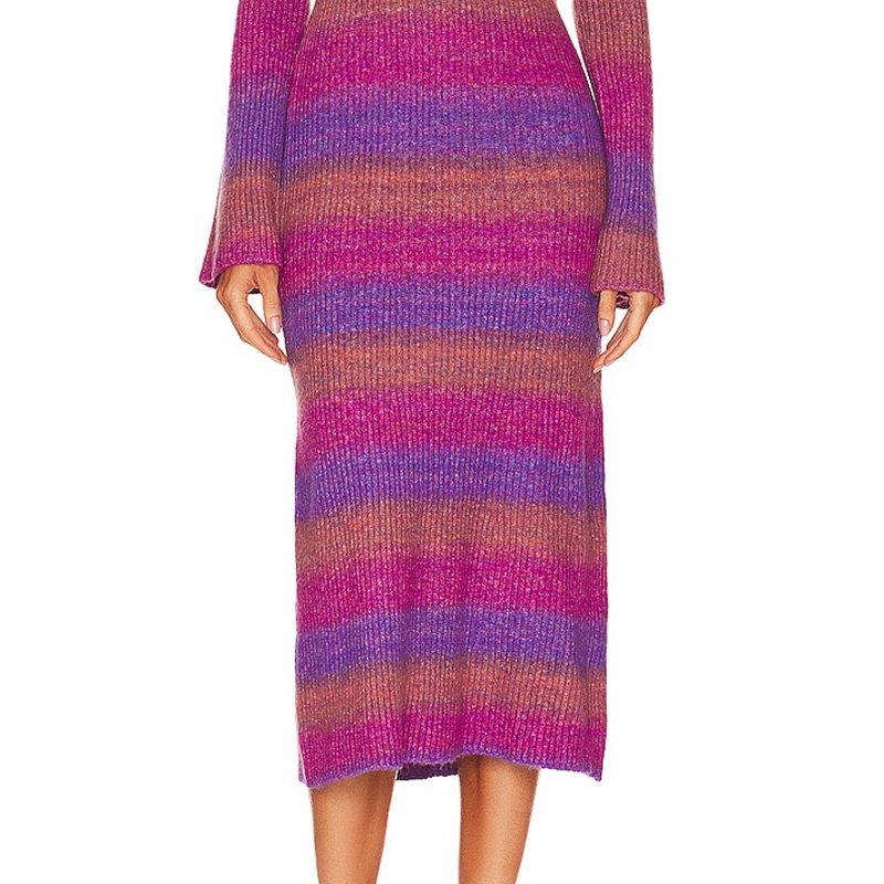 High Quality Ribbed Striped Crew Neck Longer Knit Sweater Women Clothing Sweater Dress