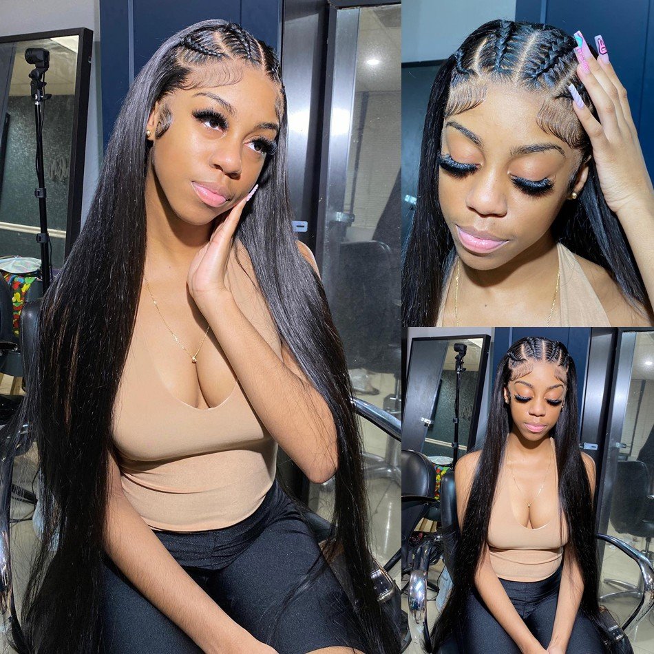 Cheap Brazilian Bone Straight Braided 40Inch 100% Virgin Human Hair Full Hd Transparent Lace Frontal Wig For Black Women