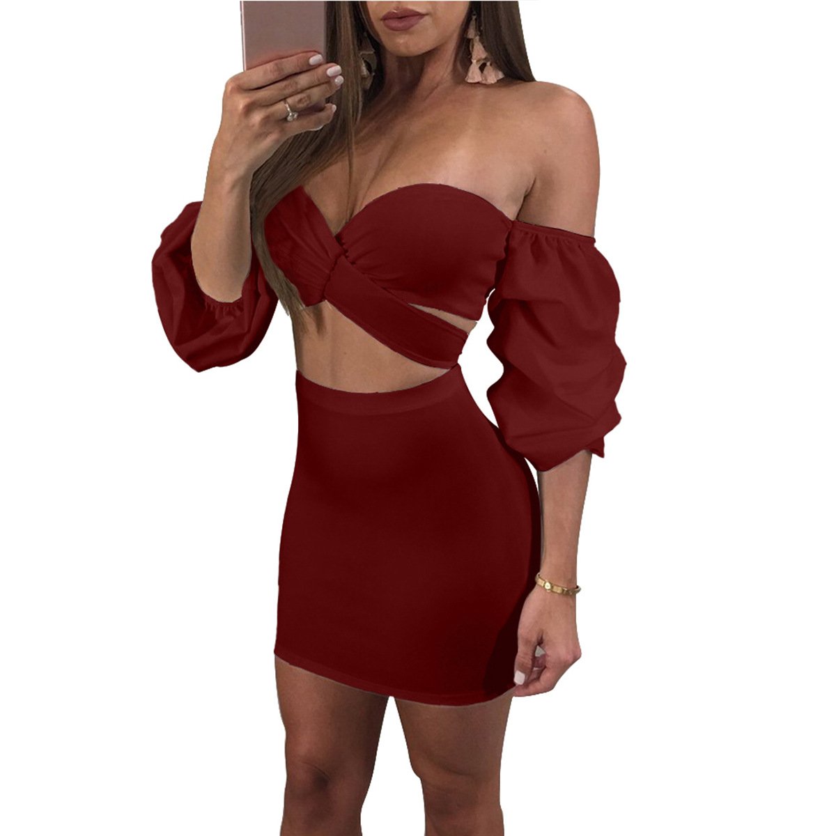 Sexy strapless dress suit women's high-end lace up two-piece club dress set