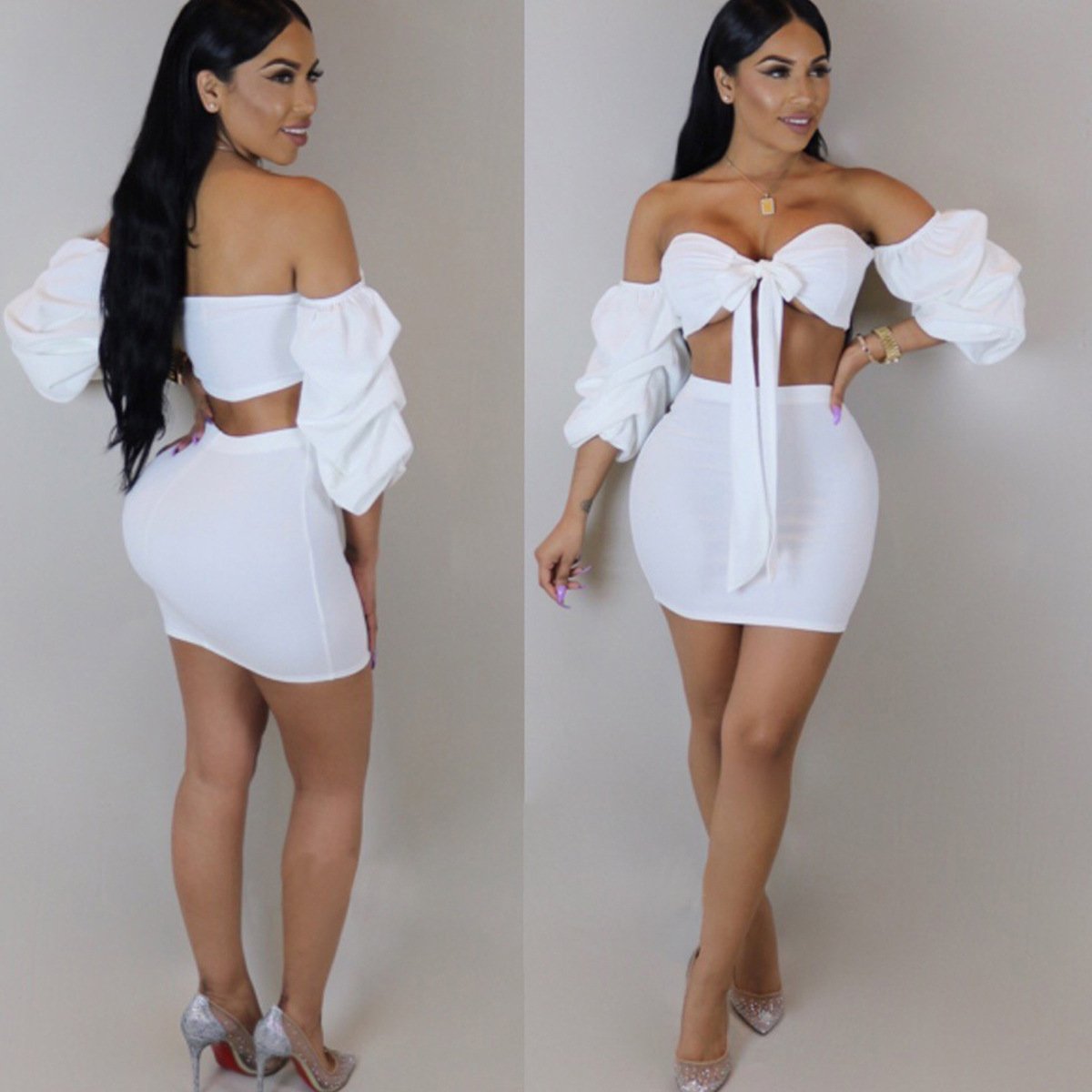 Sexy strapless dress suit women's high-end lace up two-piece club dress set